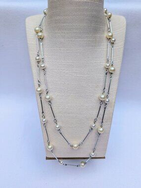 Silver Tone Necklace with Faux Pearl Accents - Vintage